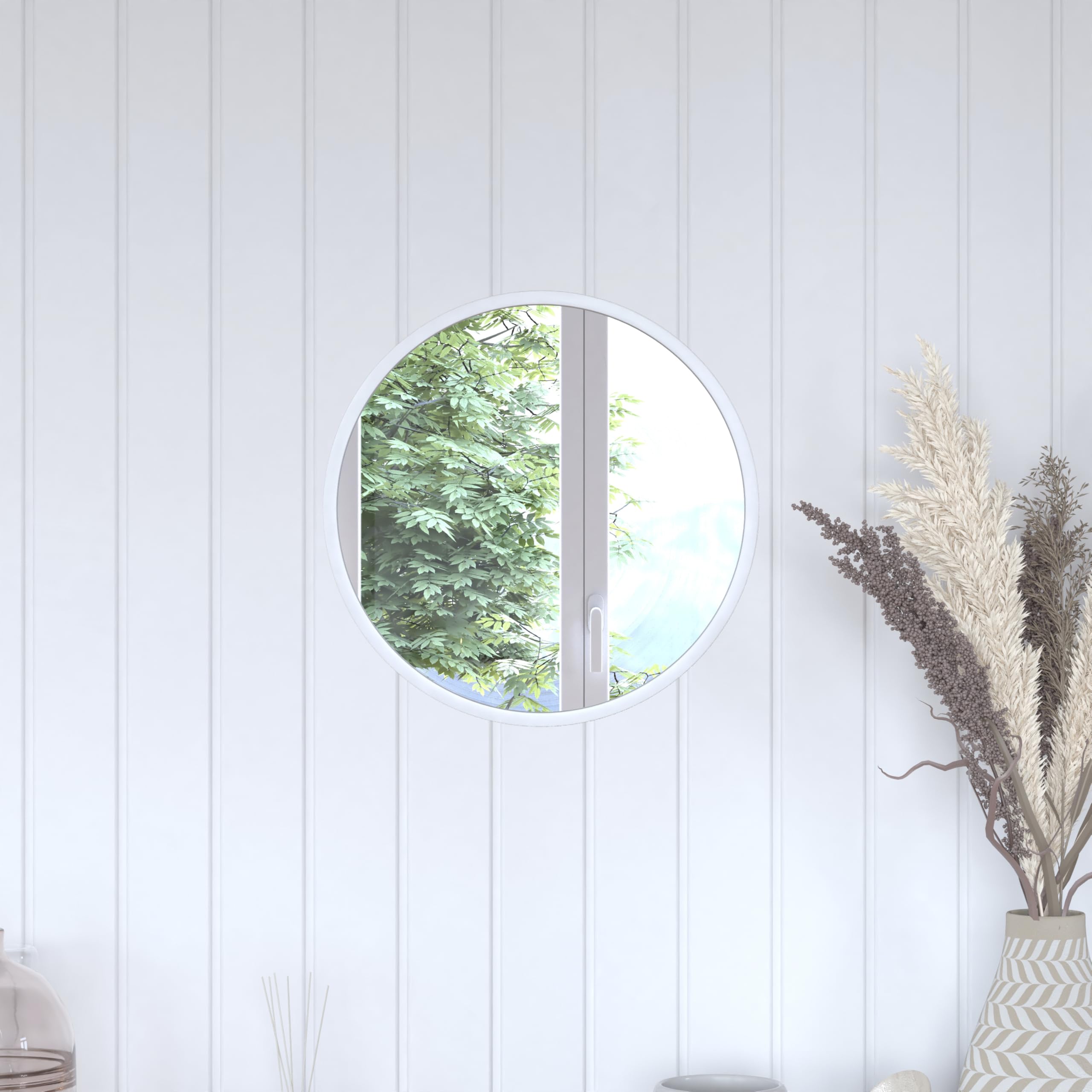 Flash Furniture Julianne Large Round Wall Mirror - Silver Circle Accent Mirror - 16" Vanity Mirror - for Bathroom, Vanity, Entryway, Dining Room, & Living Room