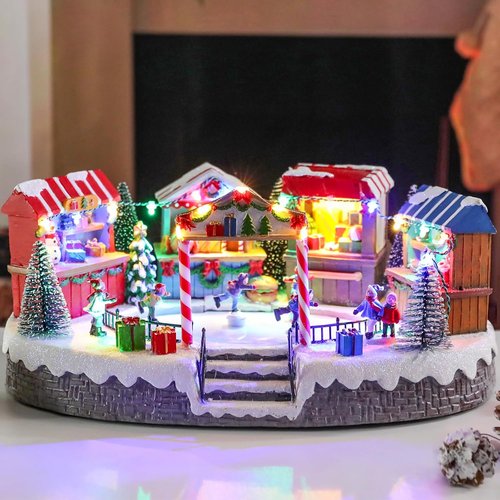 Bdor Christmas Market Village Scene - LED Lights & Music | 8.3 x 5.9 x 5.9 Inches Holiday Décor