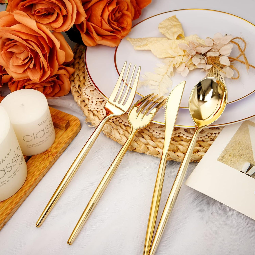 Rubtlamp 180Pcs Gold Plastic Silverware,Luxury Gold Plastic Cutlery,Heavy duty Golden Disposable Flatware, Utensils Set Disposable Include 60Gold Forks,60Gold Spoons,60Plastic Knives for Party,Wedding