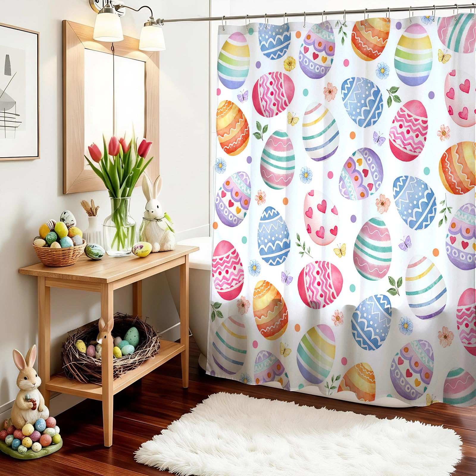 Mocsicka Easter Eggs Shower Curtain Happy Easter Bathroom Shower Curtain Spring Holiday Waterproof Fabric Shower Curtains Bathtub Decor with 12 Hooks 72 X 72 Inches