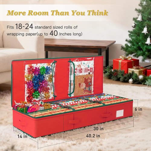 Criusia Gift Wrapping Paper Organizer - Durable Underbed Storage for 24 Rolls with Removable Dividers & Pockets | Red