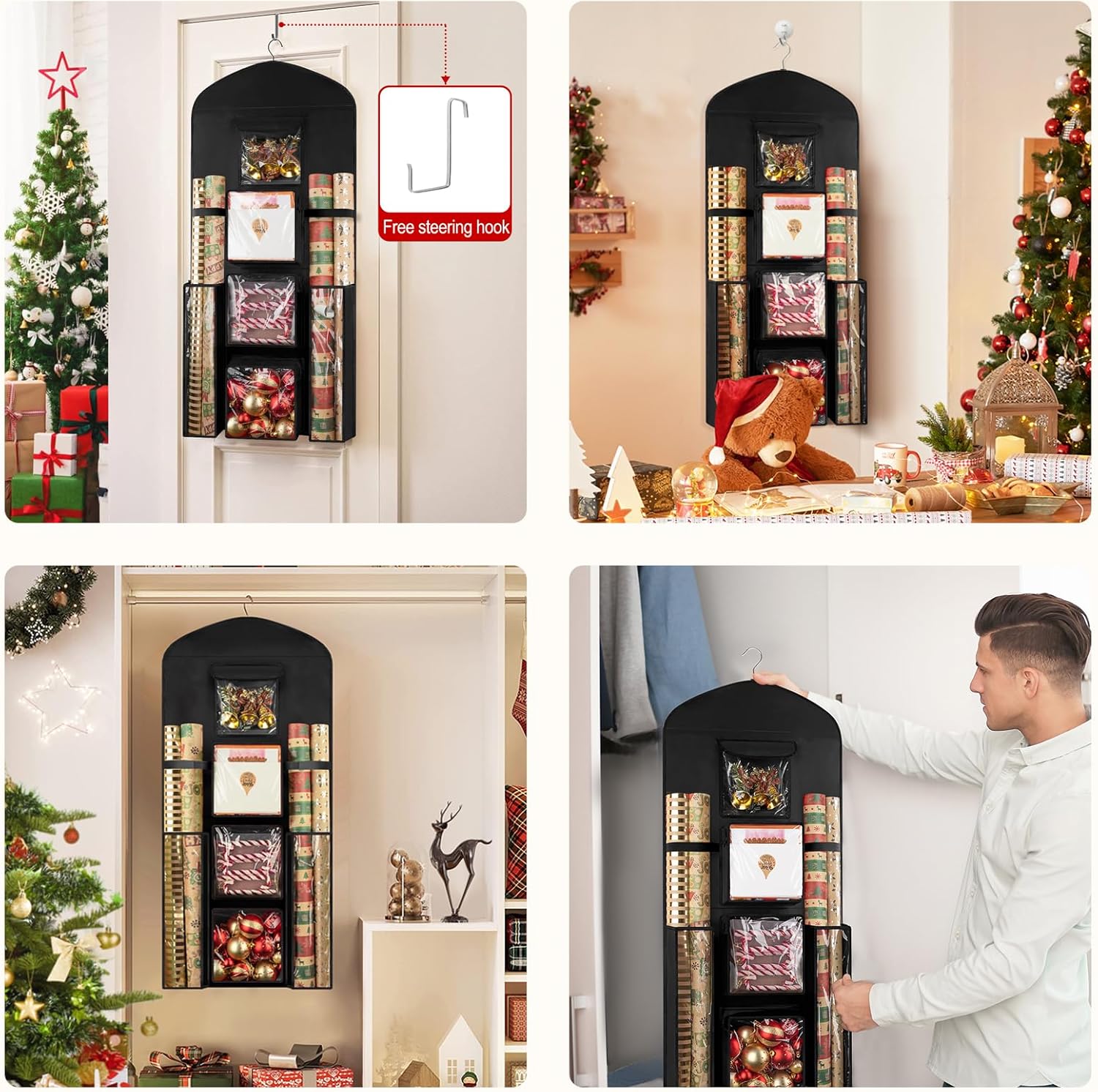 Woodoulogy Hanging Gift Wrapping Paper Storage - 40x17 Black Organizer & 63x13 Red Over-Door Bag