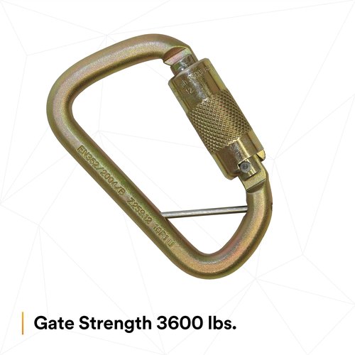 3M DBI-SALA Saflok 2000117 Carabiner, 11/16" Gate Opening Steel, with Self Closing Locking Gate, Yellow-Zinc