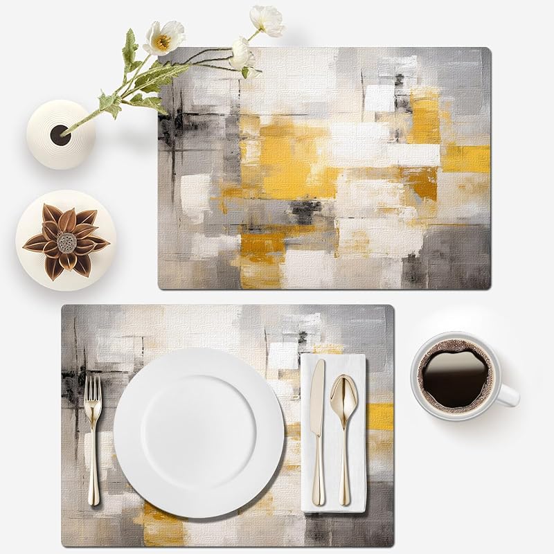 Table Runner & 6 Placemats Set - Yellow 70"X13" Runner + 18"X12" Placemats, Abstract Grey Linen