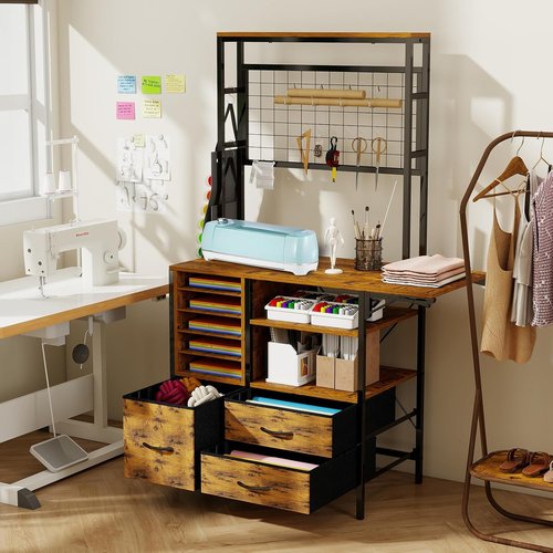 ARTETHYS Craft Organizer - Brown Storage Cabinet with Drawer & Fold-Out Desk for Craft Room