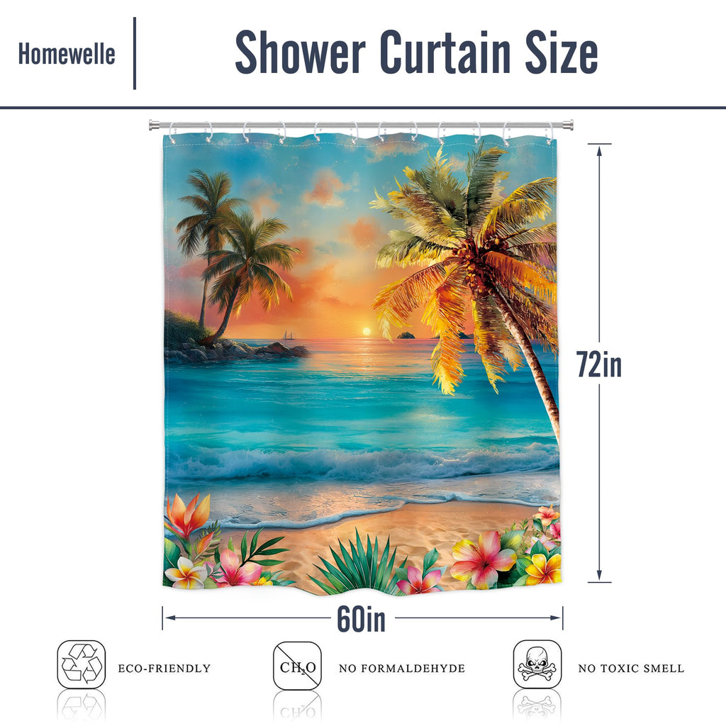 Homewelle Beach Ocean Shower Curtain Hawaii Seaside Sunset Coastal Tropical Palm Tree Flower Plant Landscape Summer Scenery Nature 60Wx72H Inch Sea Wave Waterproof Polyester Fabric Bathroom Bathtub