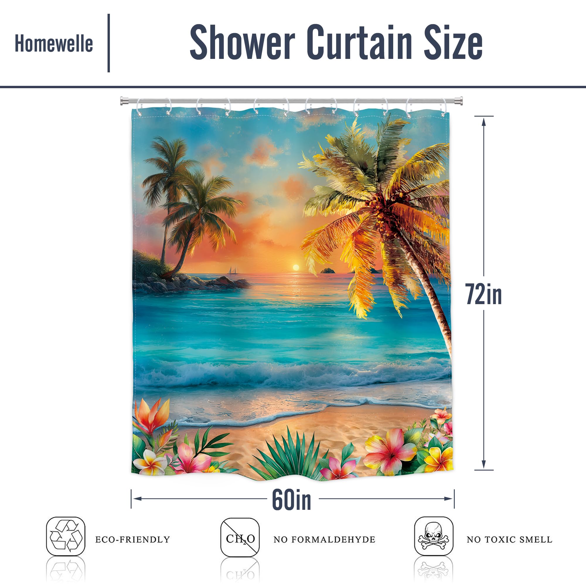 Homewelle Beach Ocean Shower Curtain Hawaii Seaside Sunset Coastal Tropical Palm Tree Flower Plant Landscape Summer Scenery Nature 60Wx72H Inch Sea Wave Waterproof Polyester Fabric Bathroom Bathtub