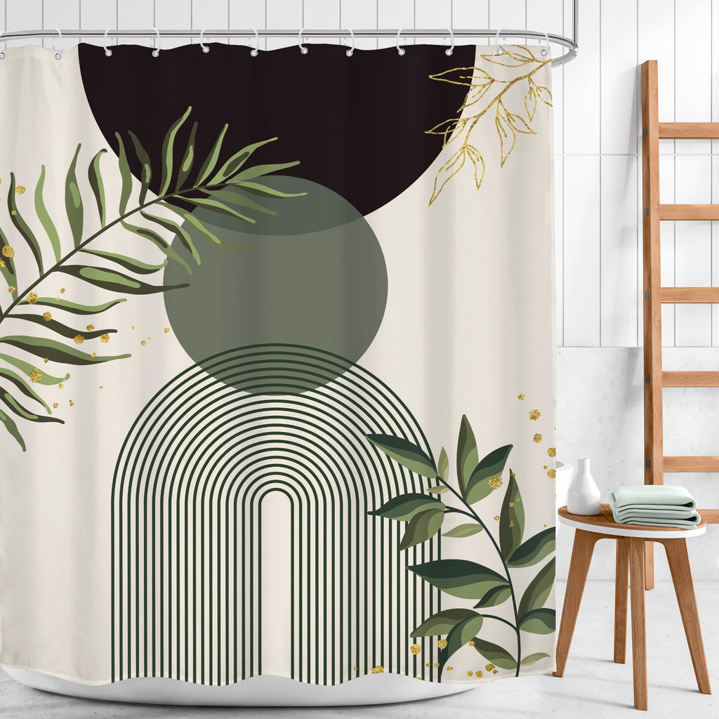 Mitpok Dark Green Boho Shower Curtain 60Wx72H Teal Green Modern Bohemian Mid Century Abstract Gold Leaves Plant Bathroom Decor Minimalist Geometric Neutral Bath Curtain Fabric Polyester 12 Pack Hooks