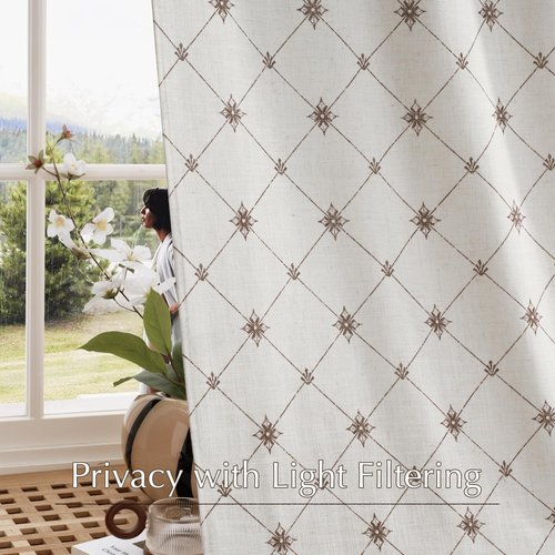 NICETOWN Linen Blend (250GSM) Semi Sheer Curtains 84 inches Long, Retro & Elegant Diamond Pattern Pocket & Back Tab Window Drapes Privacy with Light Filtering for Bedroom, W52 x L84, 2 Panels