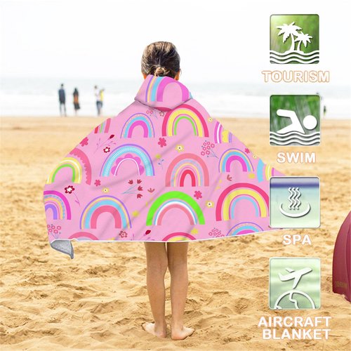 Bonsai Tree Rainbow Hooded Beach Towel for Kids Girls, Cute Unicorn Bath Towel with Hood, Pink Magic Rainbow Microfiber Super Absorbent Soft Poncho Bathrobe for Swin Pool 30”x50”