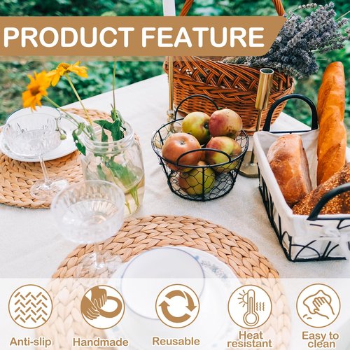 48 PCS Round Woven Placemats Set, 16 Boho Rattan Tablemats 13" Natural Water Hyacinth Farmhouse Place Mats with 16 Napkin, 16 Wooden Beads Napkin Ring for Kitchen Dining Table Decor Wedding Christmas