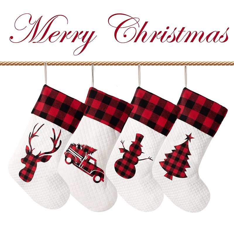 Set of 4 20in Christmas Stockings – Buffalo Plaid Rustic Farmhouse Cotton with White Variation