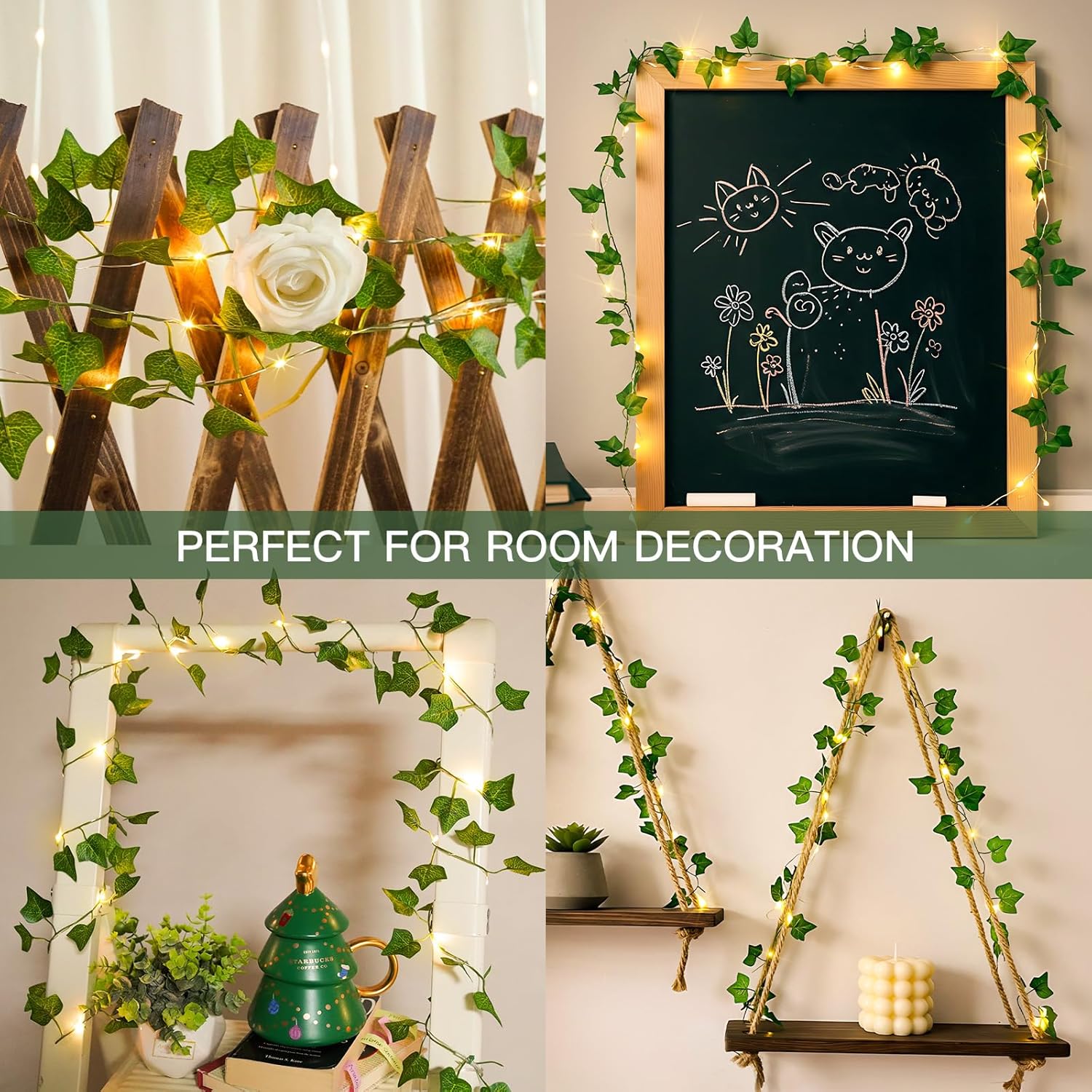 Suddus Ivy Vines String Lights - 20 LED Battery Operated Fairy Lights with Timer | 6.56FT Warm White Decor for Bedroom, Garden, and Events