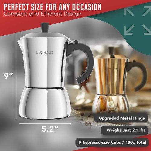 LuxHaus Moka Pot - 9 Cup Stovetop Espresso Maker - 100% Stainless Steel Italian and Cuban Mocha Coffee Maker