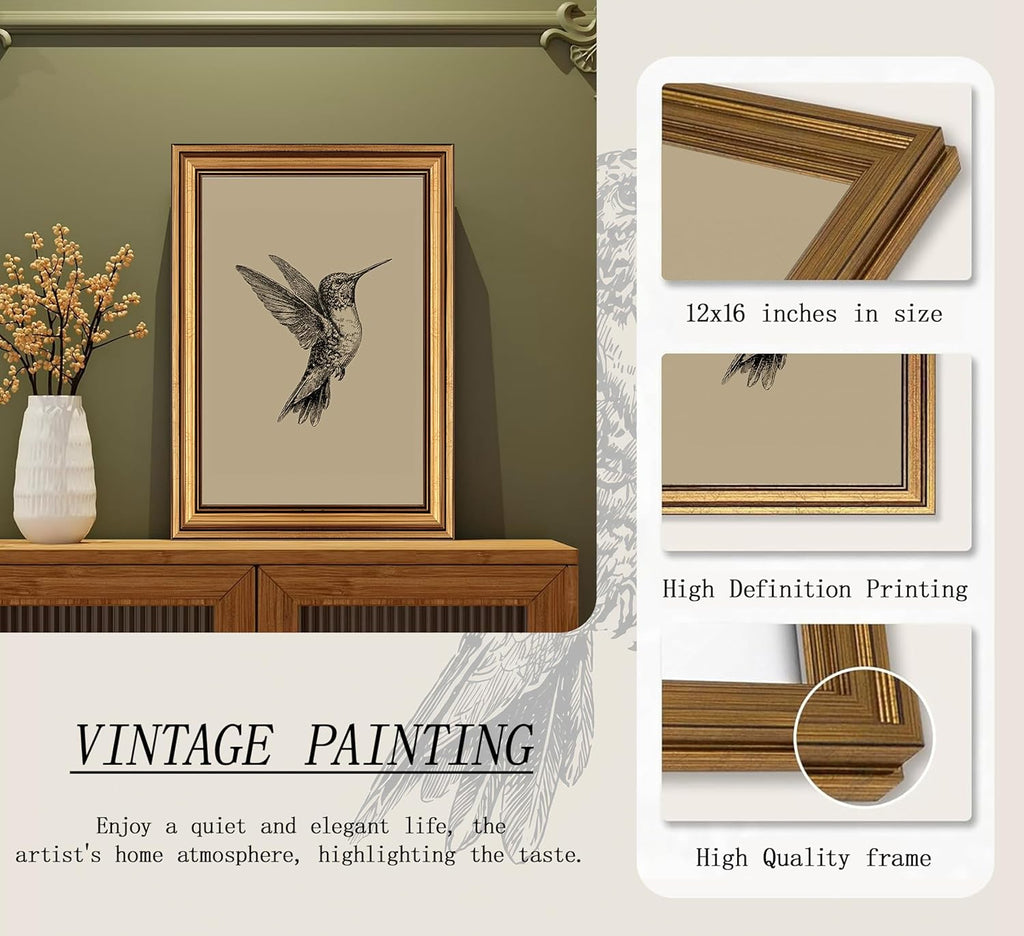 MDHFJEAW Vintage Gold Framed Hummingbird Wall Art - Retro Black & White Canvas Print, 12x16 In