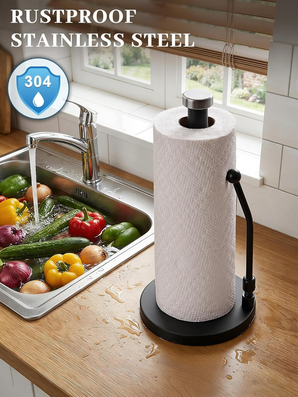 SMARTAKE Paper Towel Holder - Weighted Non-Slip Dispenser with Spring Arm for Most Rolls - Black Stainless Steel