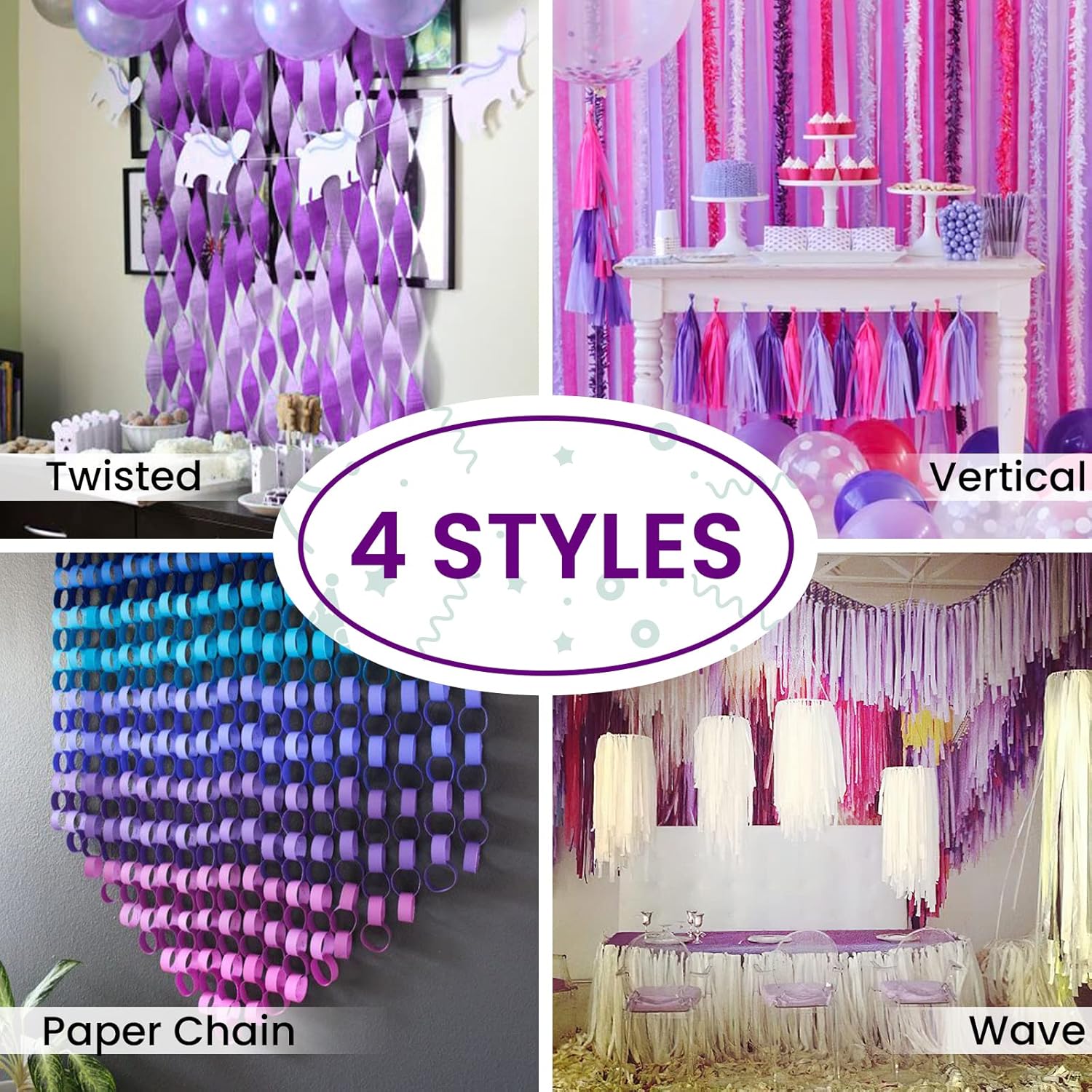 PartyWoo Purple Crepe Paper Streamers - 6pcs 492ft Light & Dark Purple, Lavender, White, Silver | Ideal for Birthday & Graduation Decorations