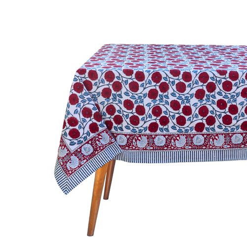 Handblock Print Cotton Tablecloth – 72x180 Rectangle Table Cover Seats 6–8 – Indian Block Printed Floral Dining Table Linen – Boho Washable Cloth for Kitchen, Party, Outdoor (White)