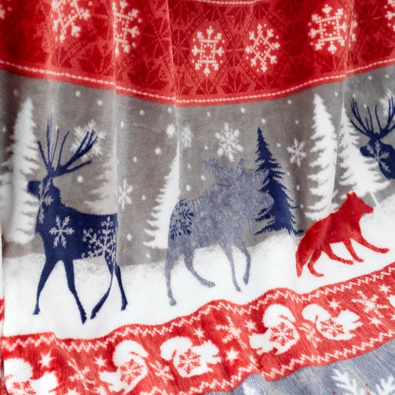 Nordic Reindeer Fleece Throw Blanket 78x78 Red - Cozy Holiday Decor