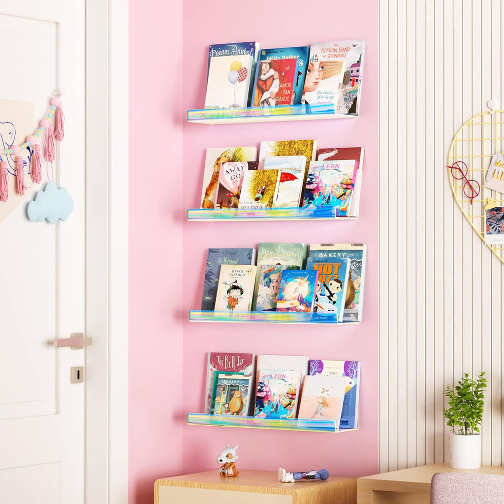 Upsimples Acrylic Wall Shelves - 15” Display Shelf for Perfume & Skincare | Iridescent 4-Pack
