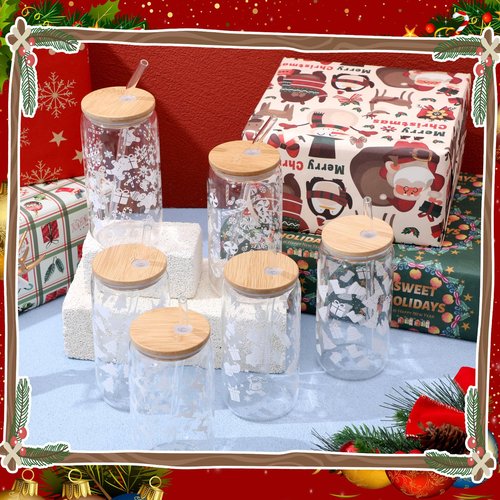 Acellegic 24 Set Holiday Christmas Glass Cups Gift 16Oz Winter Drink Glasses with Lid Straw Santa Iced Coffee Glass Tumbler Gift for Holiday New Year Women Coworker Employee Appreciation (White)
