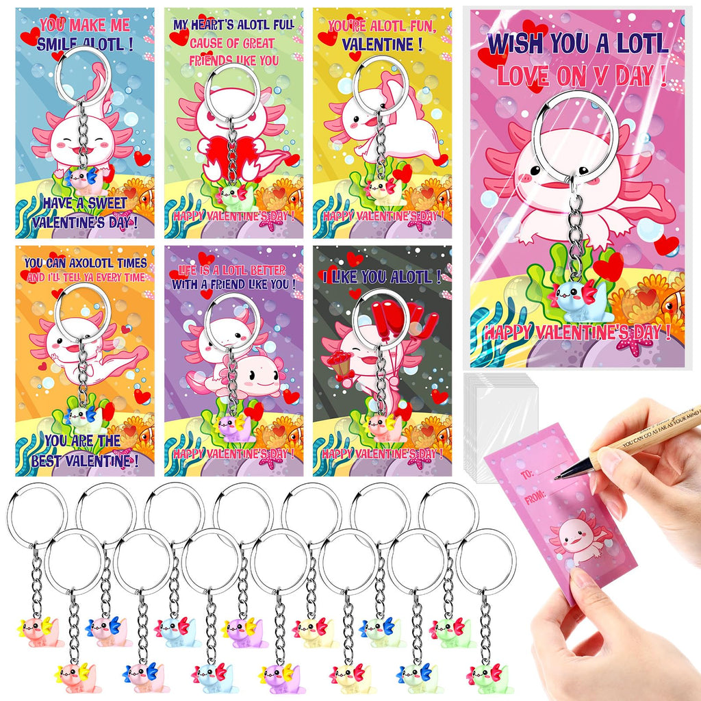 HyDren 28 Sets Valentine Axolotl Gifts for Kids Axolotl Keychains with Cards Gift for Valentine School Classroom Exchange Party Favors(Clear,Light Color)