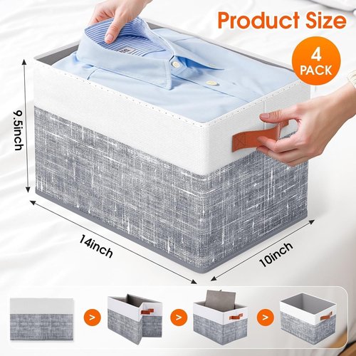 Fab Totes Collapsible Storage Baskets - 4 Pack Foldable Fabric Bins with Leather Handles | 14"x10" for Organizing Books & Clothes in White & Grey