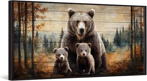 iKNOW FOTO Bear Family Canvas Print - Rustic Forest Wall Art with Black Floater Frame | 20x40'' Ready to Hang