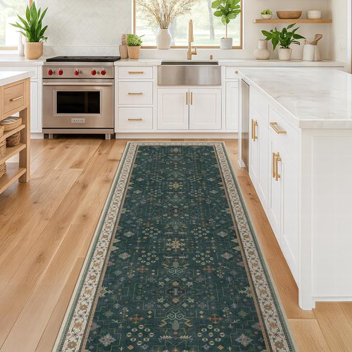 Hazo Haus Vintage 2x7 Washable Runner Rug - Non-Slip, Stain-Resistant, Dark Green Floral Design