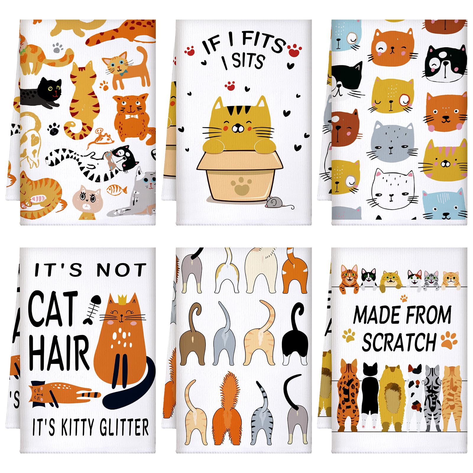 TecUnite 6 Pcs Cat Kitchen Towels Set Funny Cat Tea Towels Cute Dish Towel Decorative Hand Towel Cats Lover Gifts for Cleaning Drying Wiping Tasks Cats Owners Women Mom Housewarming Gifts Decor