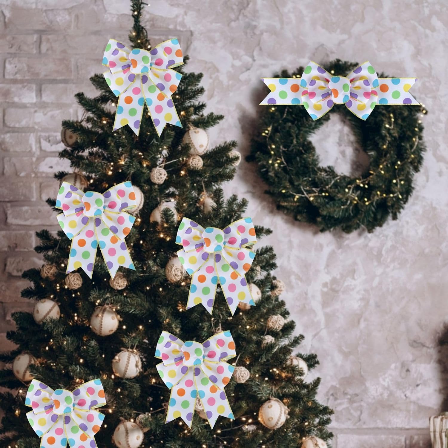 Meseey Burlap Wired Ribbon - Handmade Polka Dot Bows for Wreaths & Gift Wrapping | 2 Pcs Set