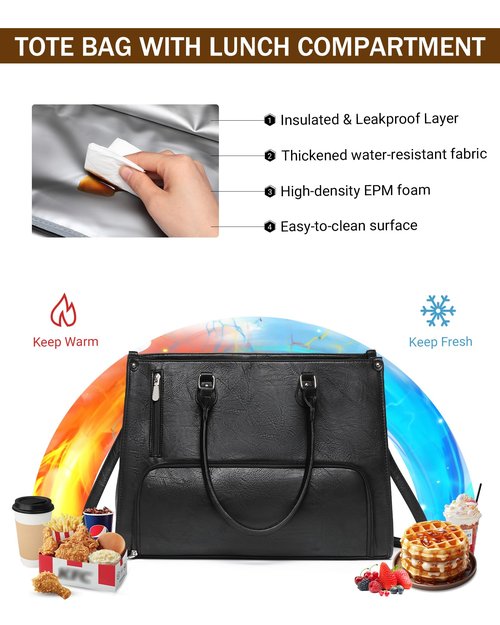 Laptop Tote Bag with Insulated Lunch Compartment for Women Work, PU Leather Lunch Bag with 15.6 Inch Computer Compartment