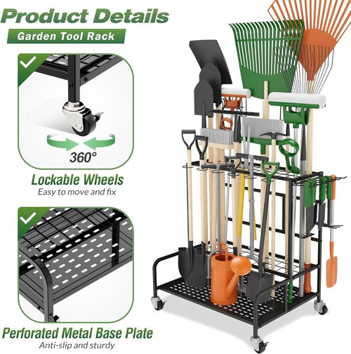 Garden Tool Organizer Rack - Heavy-Duty Steel with Wheels | Holds Up to 39 Tools, 12 Hooks, Black