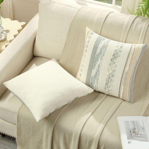 FUTEI Grey Blue White Decorative Throw Pillow Covers 18x18 Inch Set of 2, Soft Tufted Striped Textured Accent Cushion Case,Boho Pillows for Couch Decor
