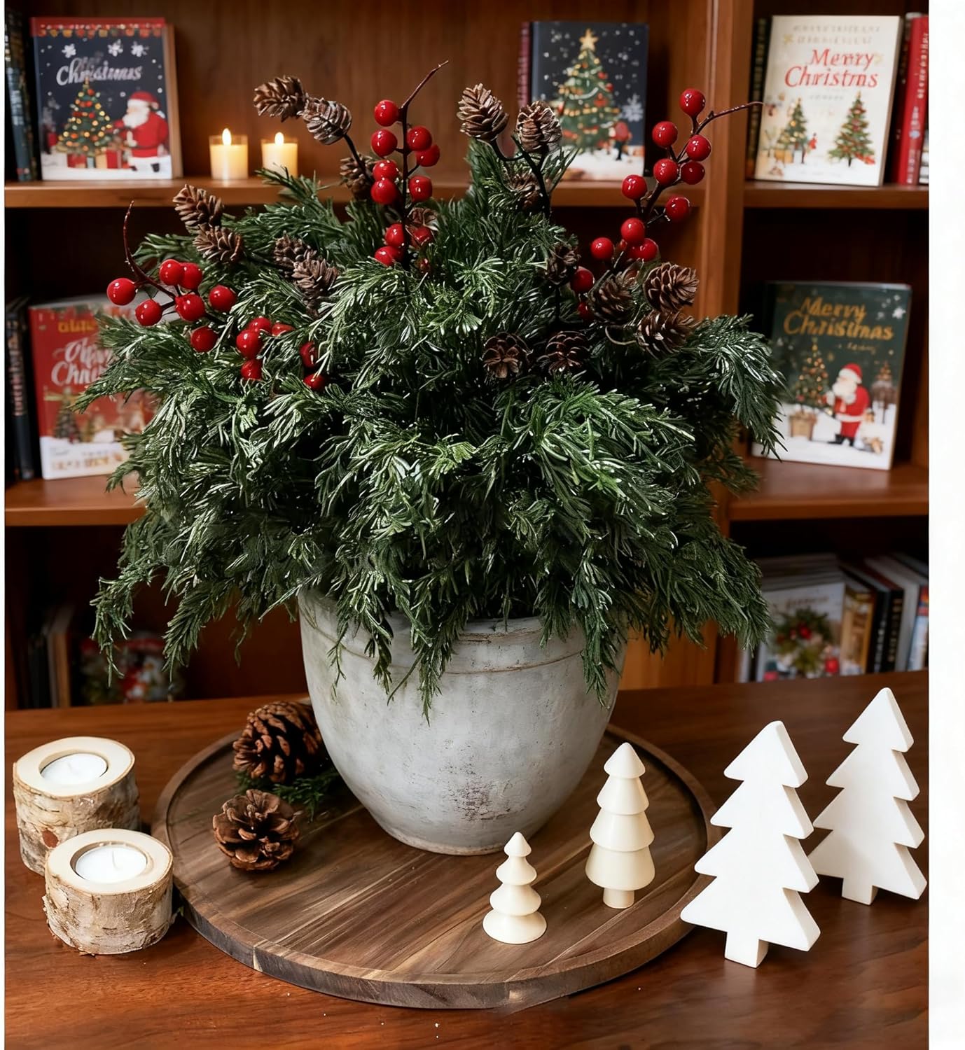Norfolk Pine Faux Cedar Stems - Realistic Artificial Greenery for Christmas Decor | 1 Set with Berries & Pinecones