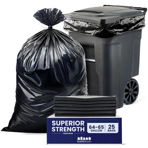 Plasticplace 64-65 Gallon Trash Can Liners for Toter │ 3.0 Mil │ Black Heavy Duty Garbage Bags │ 50” x 60” (25 Count),W65LDBTL3
