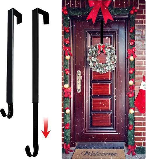 DZZ Adjustable Black Wreath Hanger - 15 to 25 Inch Door Hook for Larger Christmas Decor | 20 lb Capacity