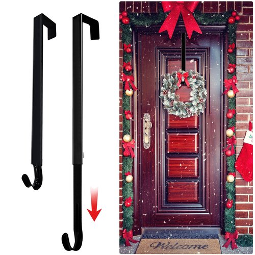 DZZ Black Wreath Hanger,Door Hook for Wreath,Adjustable Wreath Hanger-Length from 15 to 25 Inches,20 Lb D. Capacity,for Front Door Decor Larger Christmas Decorations Hook