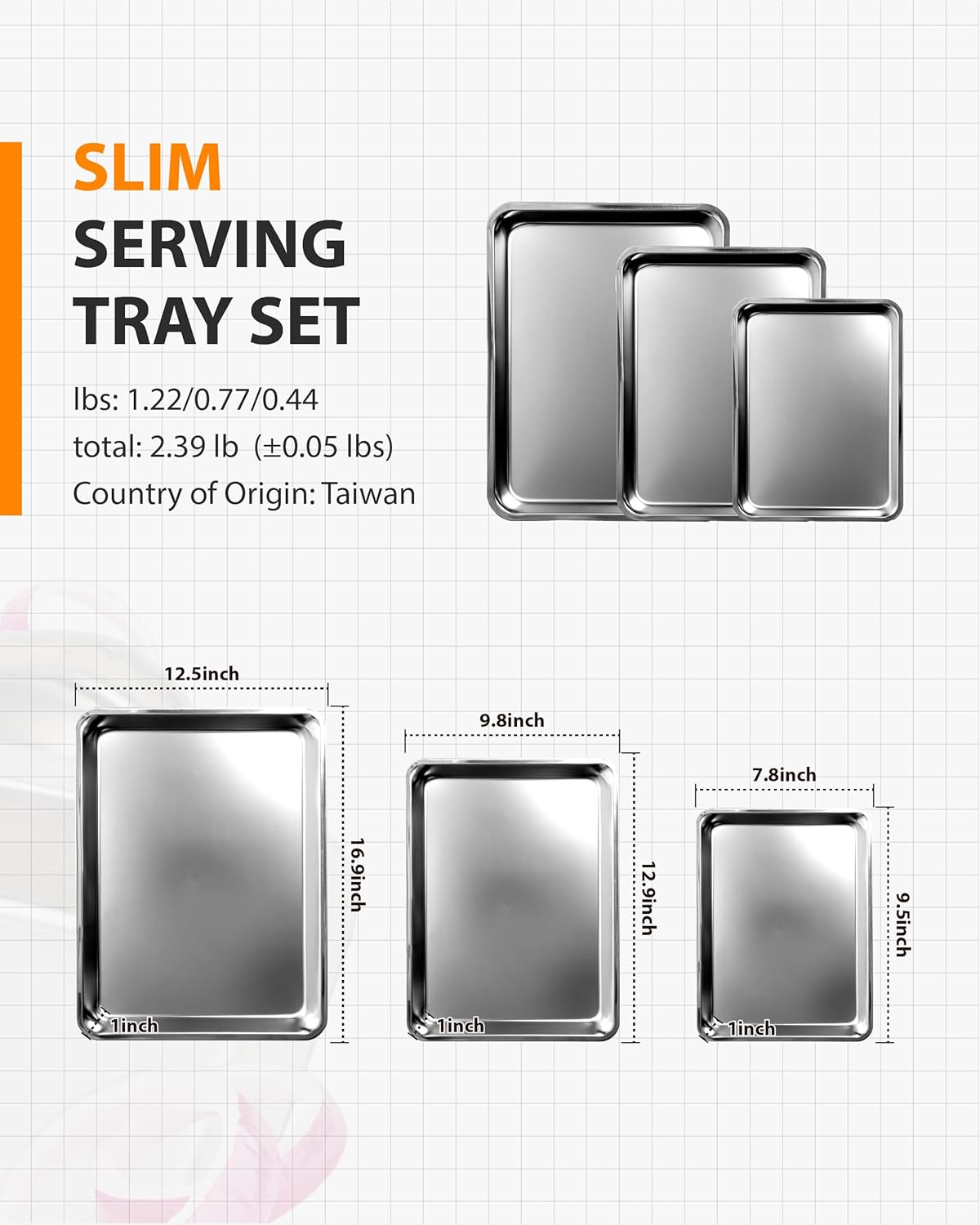Stainless Steel 3-Piece Baking Pan Set by [Brand Name] - Oven Safe, Corrosion-Resistant, Easy to Clean | 16-Inch, 12-Inch, 9-Inch Sizes