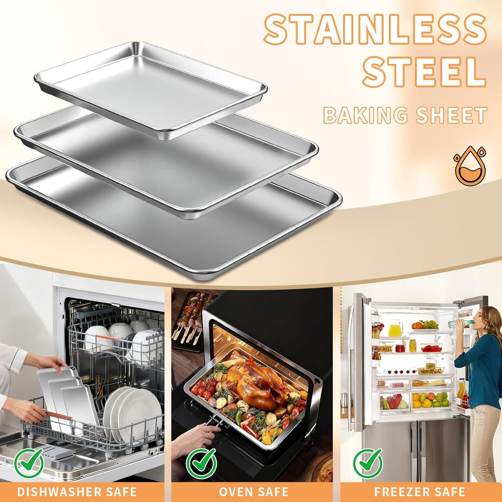 Skiennix Baking Sheet Set - Heavy-Duty Stainless Steel Cookie Pans | Non-Stick, Easy Clean, 10.5/12.4/16 Inch