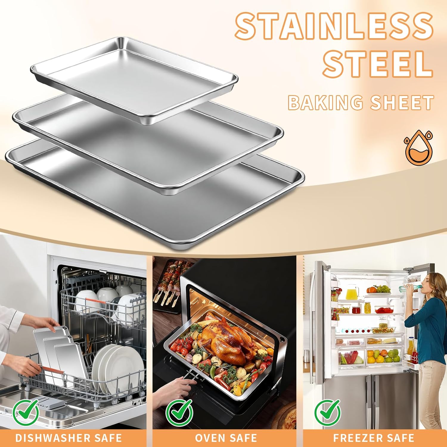 Skiennix Baking Sheet Set - Heavy-Duty Stainless Steel Cookie Pans | Non-Stick, Easy Clean, 10.5/12.4/16 Inch