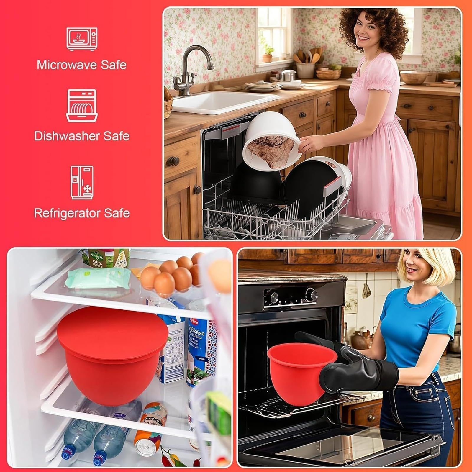 Silicone Mixing Bowl Liners for KitchenAid Mixer Non-Slip, Food Grade Heat-Resistant for 5 Qt Kitchen Aid Silicone Bowl Insert, Baking, Kneading & Whipping Accessory 3-Pack (White, Black, Red)