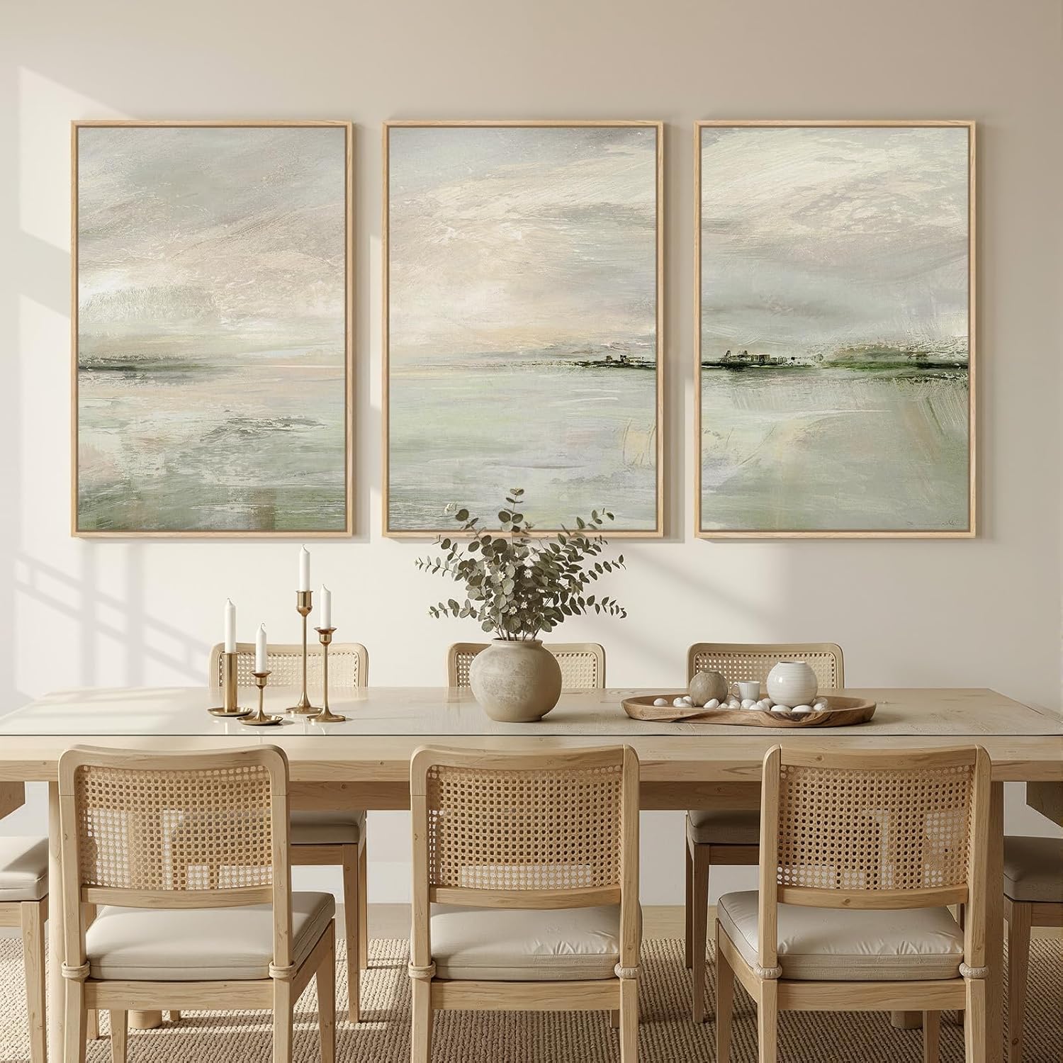 Skiennix Large Framed Sage Green Abstract Landscape Wall Art - 3 Piece Modern Canvas Prints | 24x36 In for Living Room & Office Decor