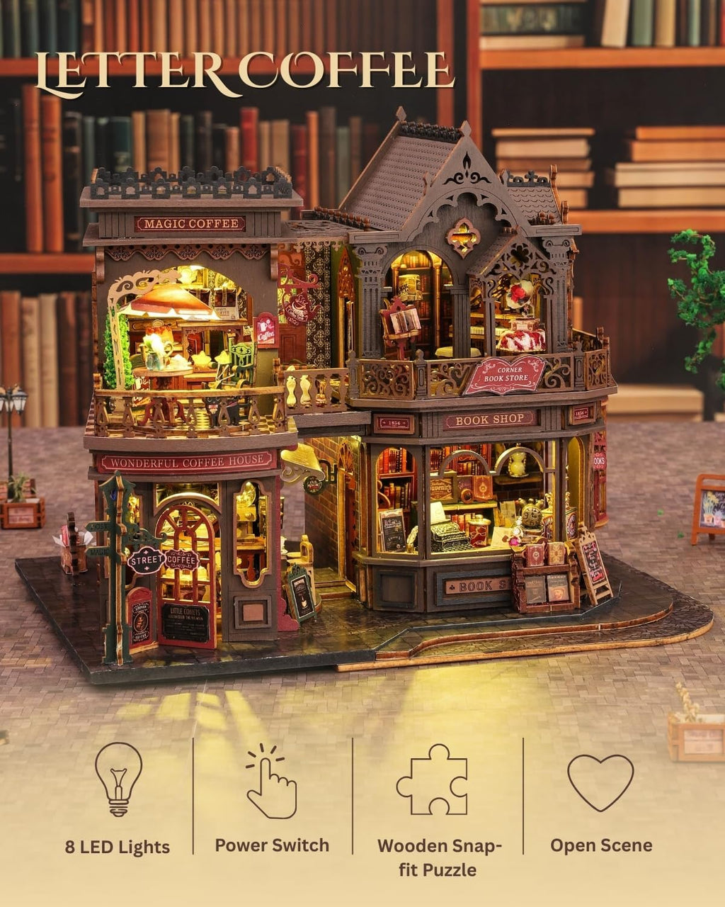 Skiennix Letter Coffee Miniature House Kit - LED Light Dollhouse for Shelf Decor | 3D Wood Puzzle Gift for Adults