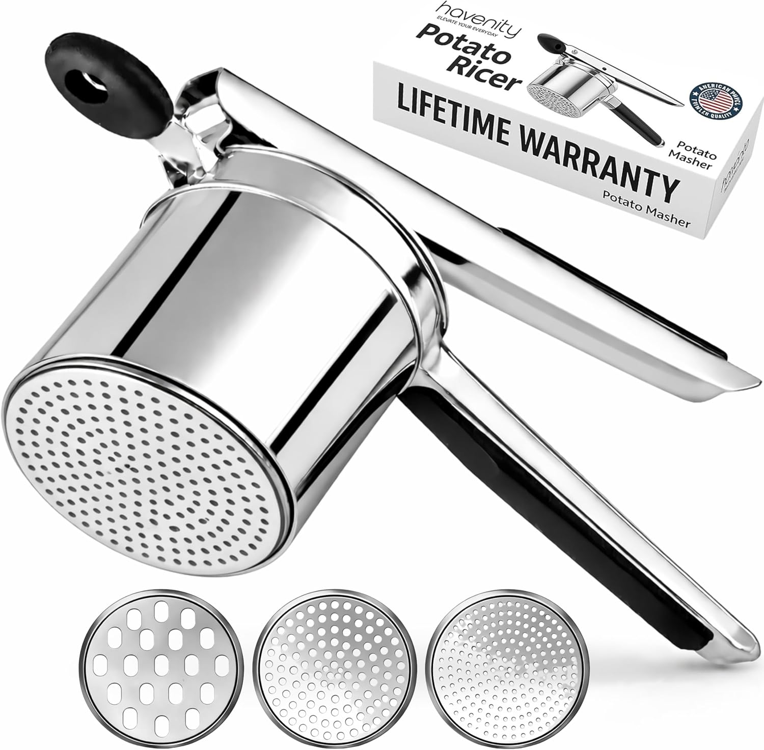 Regine Switzerland 15oz Potato Ricer - Heavy Duty Stainless Steel Masher with 3 Discs | Non-Slip Baby Food Squeezer