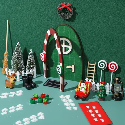 Gerrii Miniature Green Christmas Elf Fairy Door Kit - 25 Pcs Enchanted Decor for Dollhouses & Rooms