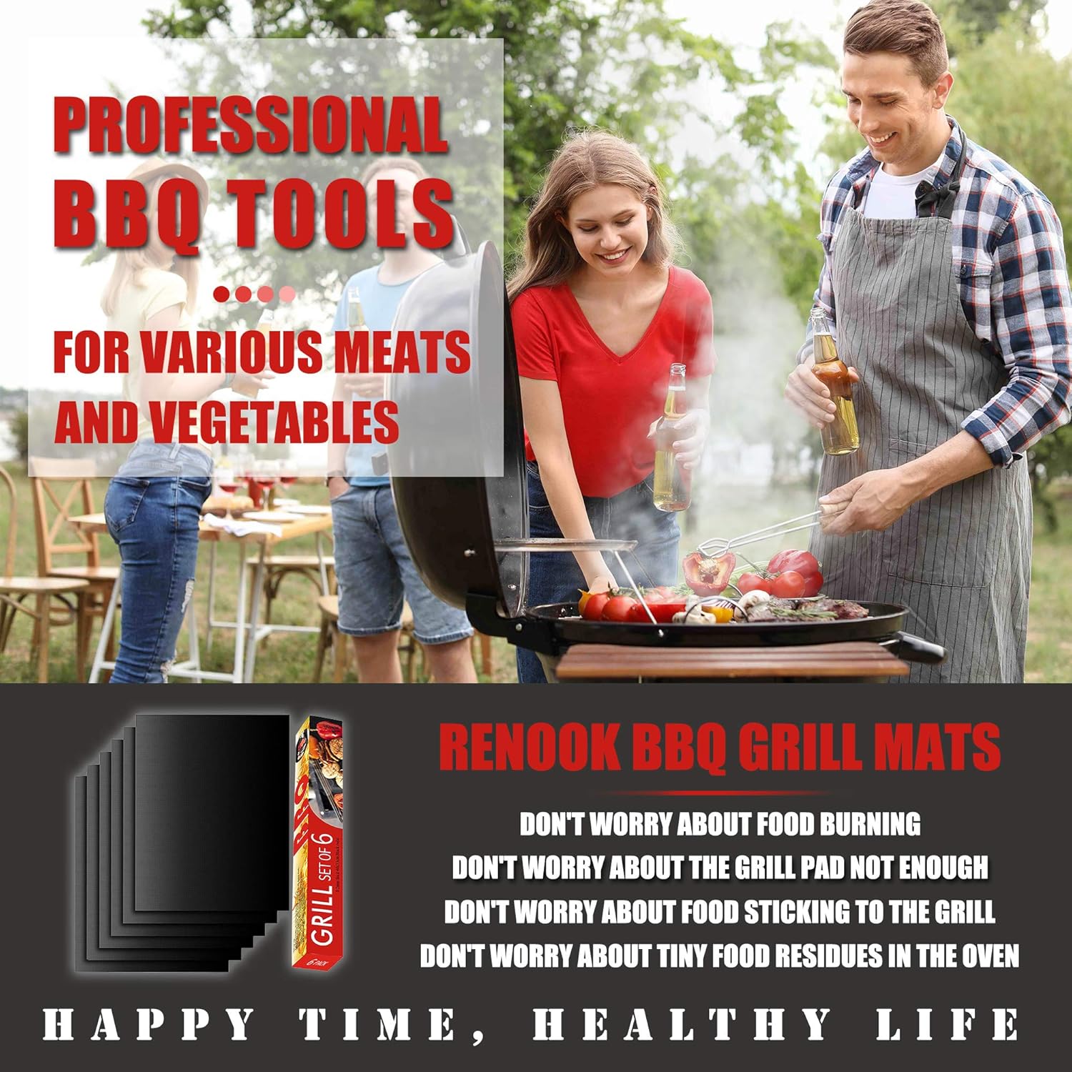 Renook Grill Mat Set of 6 | 100% Non-Stick Reusable Mats for Gas, Charcoal & Electric Grills - Easy to Clean, 15.75 x 13-Inch, Black