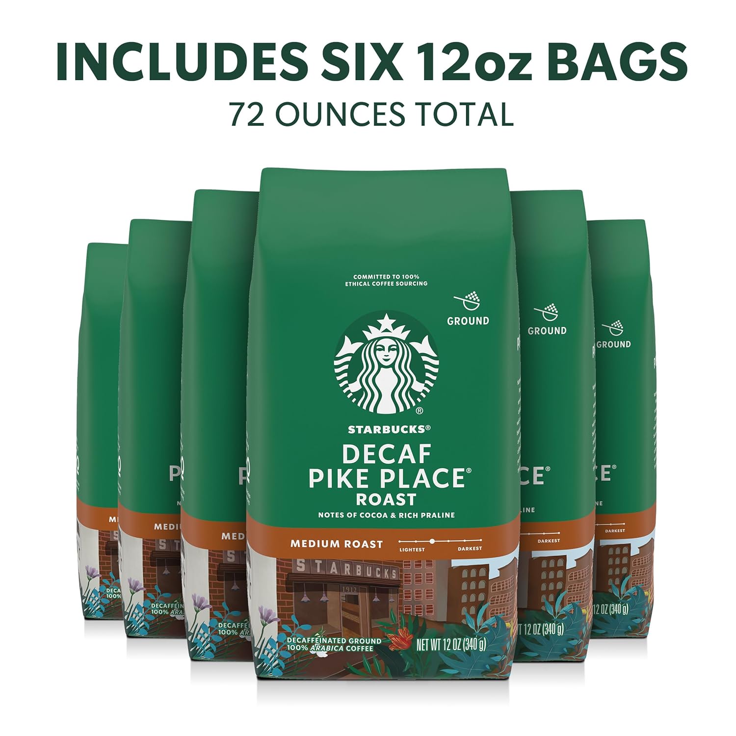 Starbucks Ground Coffee - Decaf Pike Place Roast, Medium Roast for Hot or Iced Coffee - 6 x 12 oz Bags