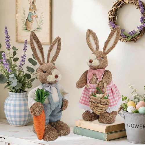 DR.DUDU Easter Decorations - Set of 2 14" Sisal Bunny Figurines with Carrot & Egg for Spring Home Decor
