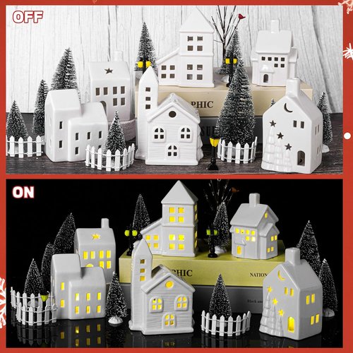 Fovths Christmas Village Set - 37-Piece Lighted Porcelain Houses with Remote Control LED Tealights & Accessories